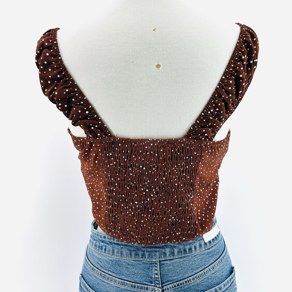 Coquette Milkmaid Crop Top M Brown Polka Dot‎ Corset Cottagecore Puff Sleeve - Picture 4 of 13